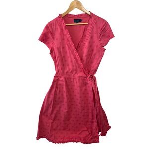 Boden Wrap‎ Dress Pink Dot Ruffle V Neck Short Sleeve Tie Waist Midi 14R